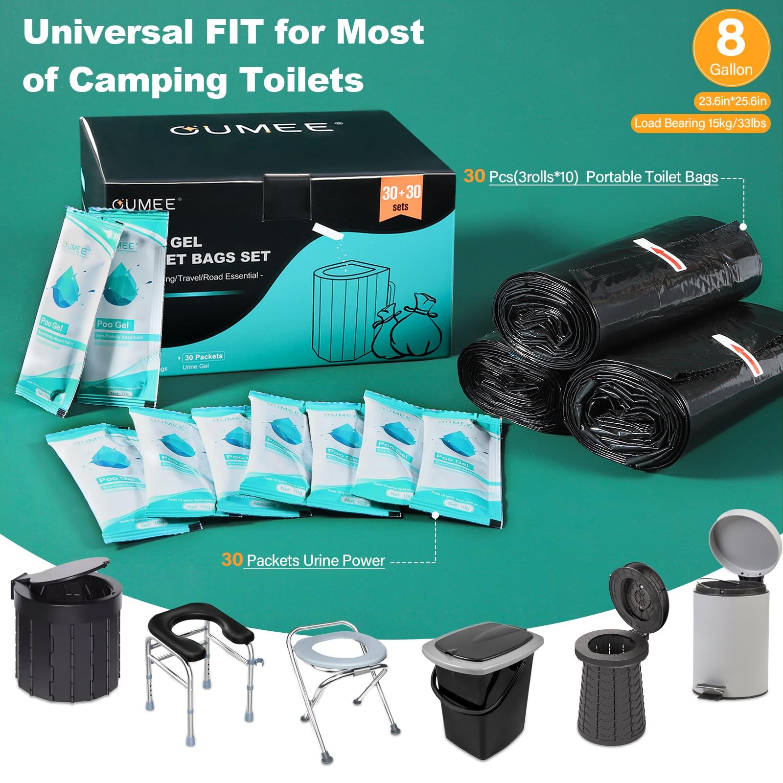 30 Portable Toilet Bags with 30 Poo Gel Set, 8 Gallon Camping Toilet Bags wit…