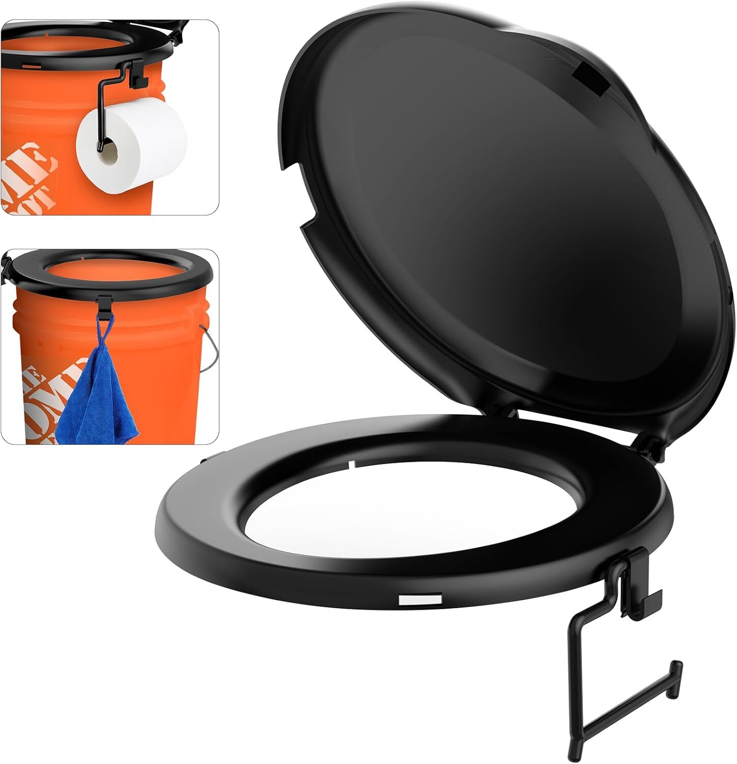 Portable Camping Toilet Seat for 5 Gal Buckets, with Lid & Paper Holder, Black