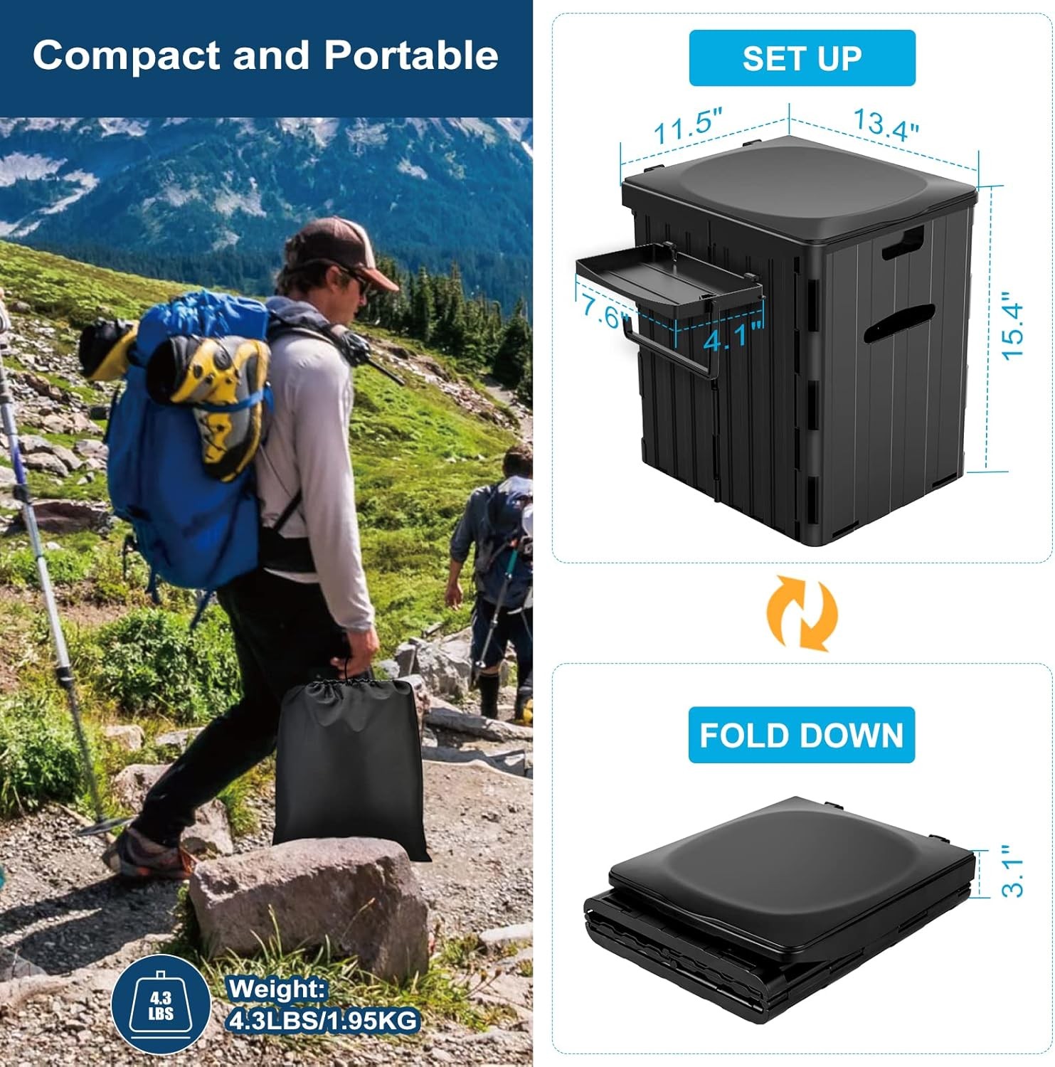 XL Portable Toilet for Adults, Extra Large 15.4″H Foldable Camping with Detachab