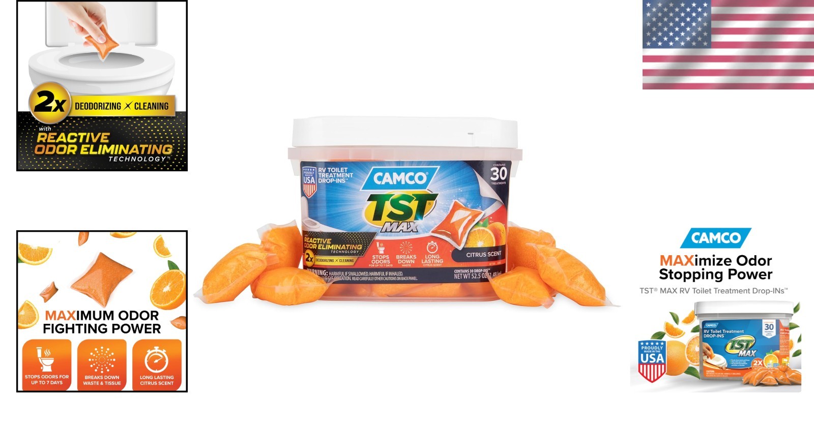 Powerful TST MAX RV Toilet Pods – 30 Citrus Scented Drop-INS for 40 Gallon Tanks