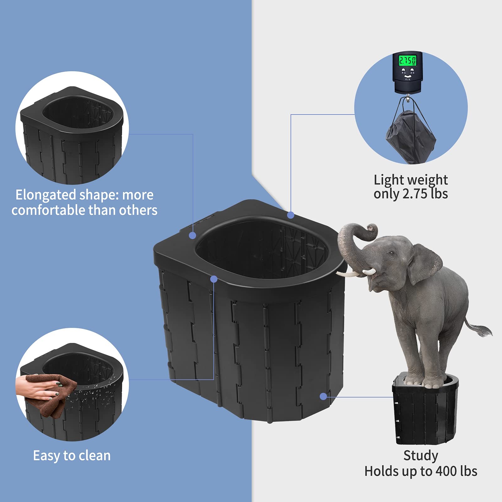 Portable Toilet for Camping, Potty Adults, Porta Travel Commode Bucket Black