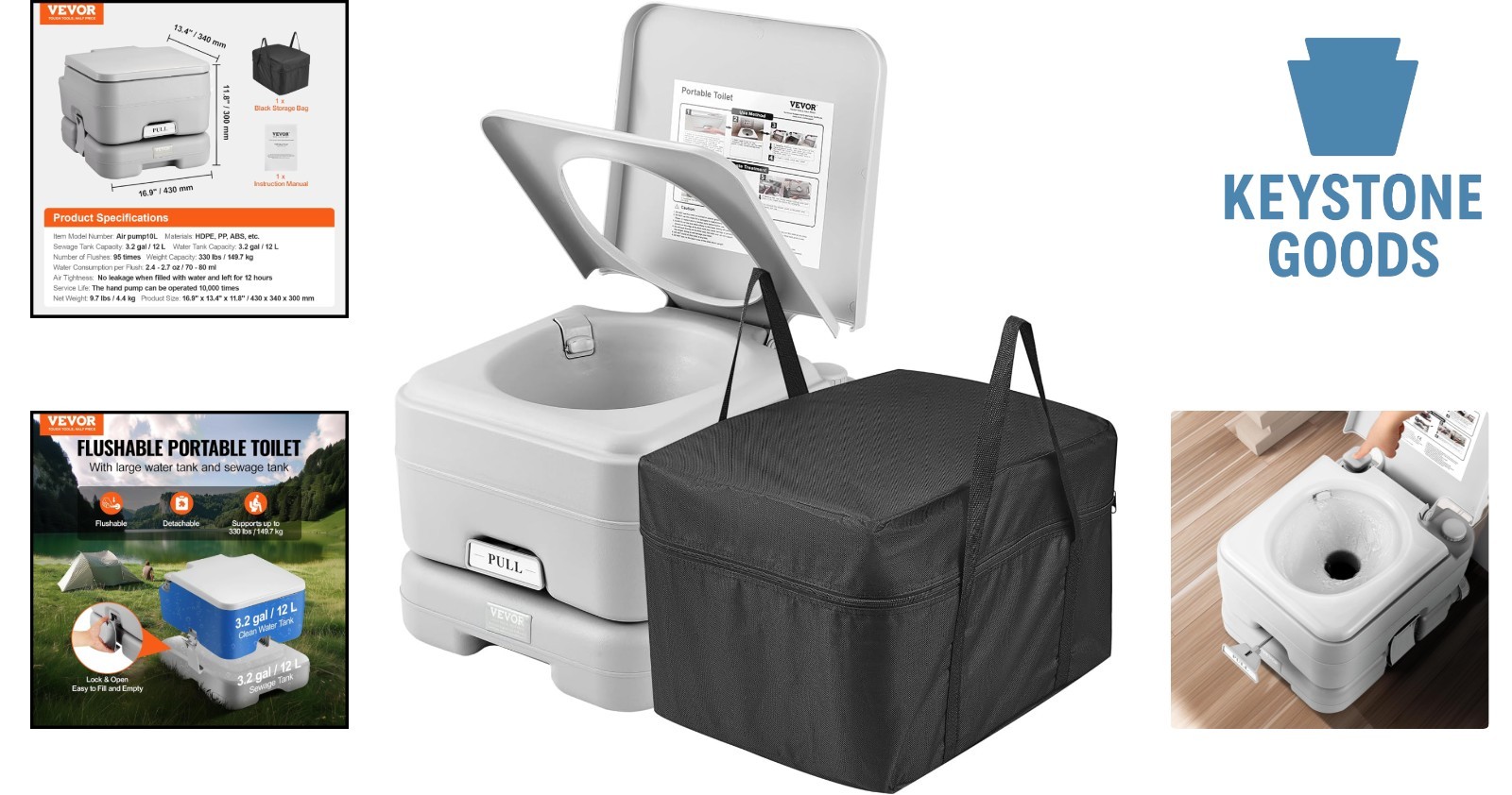 Portable Camping Toilet with 3.2 Gal Waste & Flush Tanks, Pressurized Flush, …