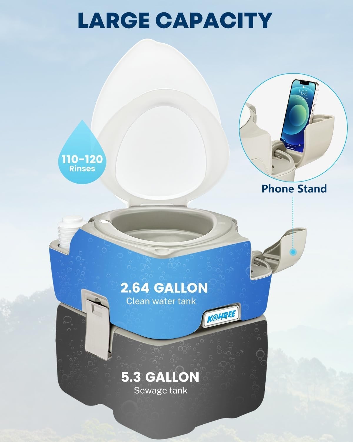 Camping Toilet Portable 5.3 Gal: 20L Porta Potty for Adults with Diagonal Elonga