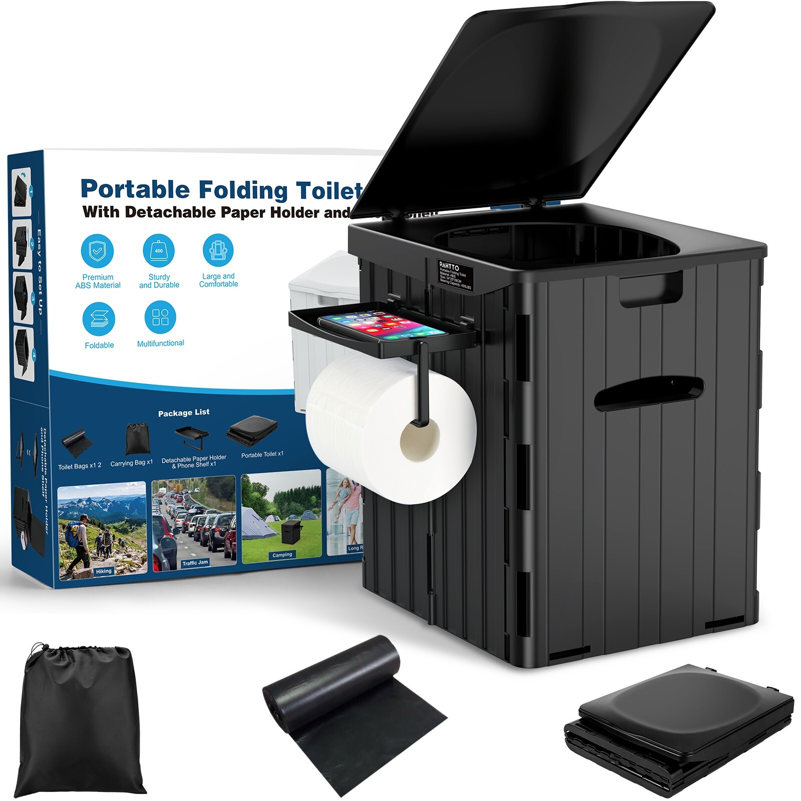 XL Foldable Portable Camping Toilet with Detachable Phone Shelf and Paper Holder