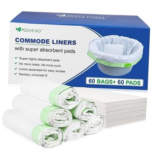 Kovevo 60 Pack Commode Liners with Absorbent Pads, 60 Bedside Commode Liners