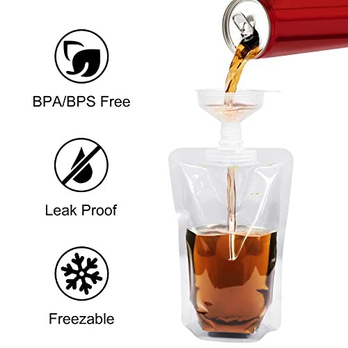Keon Plastic Pouches – Leak-Proof, Flexible 8OZ – 10PCS + 2 Funnels – Reusable
