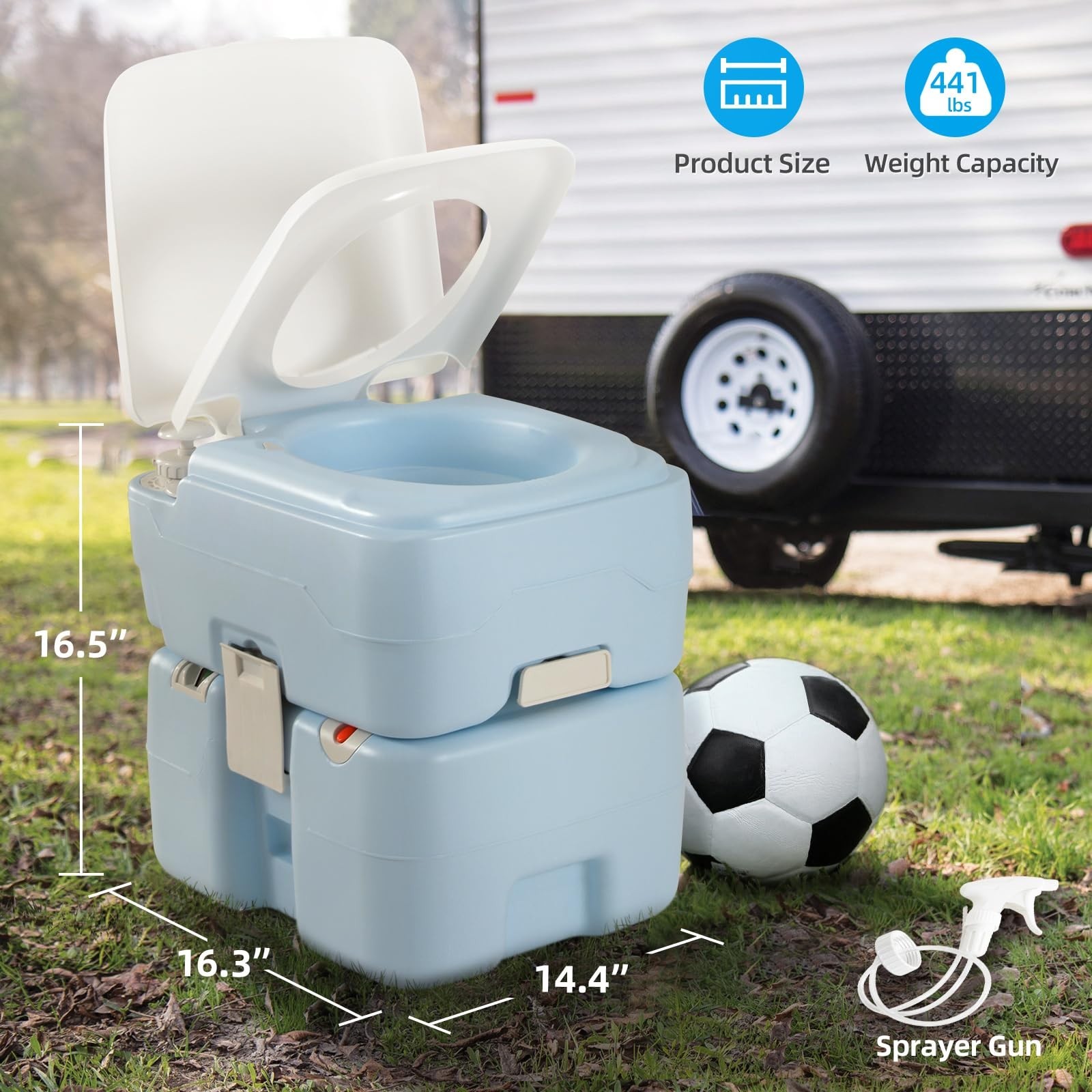 Portable Toilet 5.28 Gallon Camping Porta Potty, Diagonal Bowl, Hand Sprayer, Pr