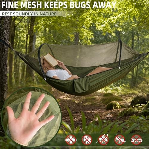 Ultra-Light Travel Camping Hammock with Pop-up Bug Net Hammock, Army Green