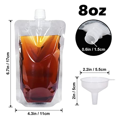 Keon Plastic Pouches – Leak-Proof, Flexible 8OZ – 10PCS + 2 Funnels – Reusable