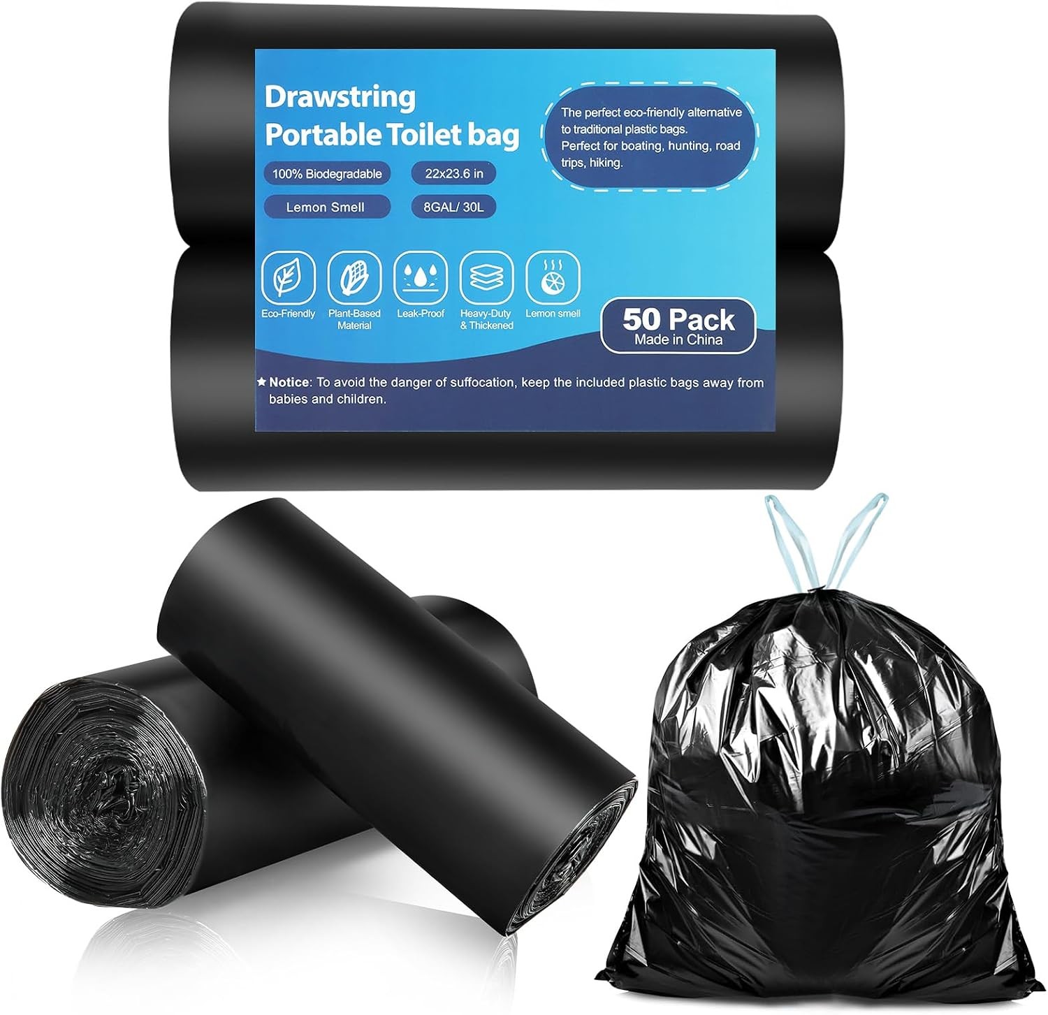 100 Portable Toilet Bags Drawstring Biodegradable Camping Potty Bags 8 Gallon