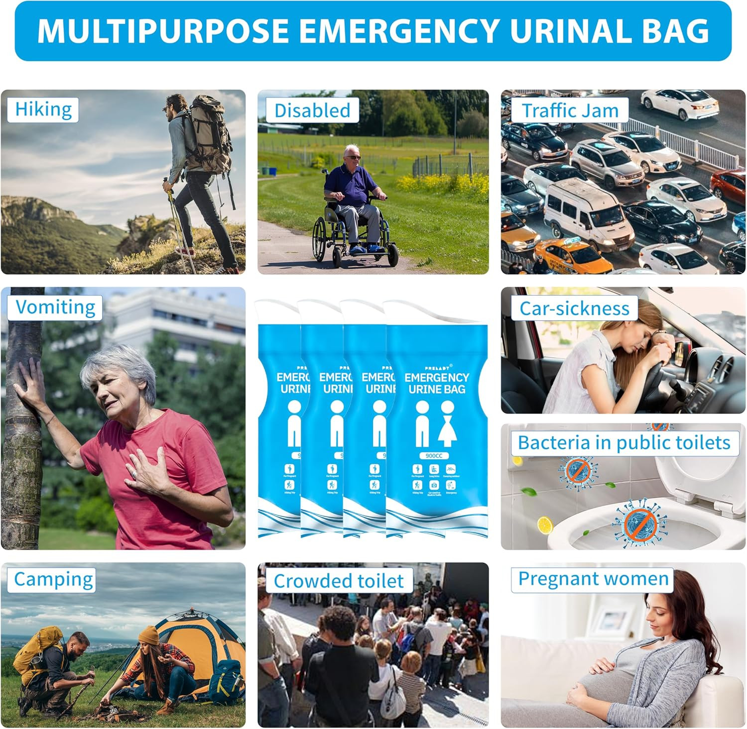 Prelady 900CC Disposable Urine Bag, 12 PCS Emergency Portable Urinal Bags for Me