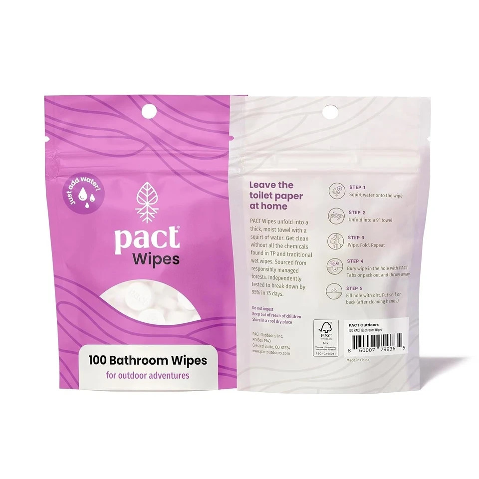 PACT Bathroom Wipes (100-Pack) | Compressed Toilet Wipes for Camping, Backpac