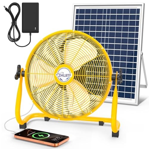 14″ Solar Powered Fan with 20W Solar Panel & Rechargeable Battery, 14″ Yellow