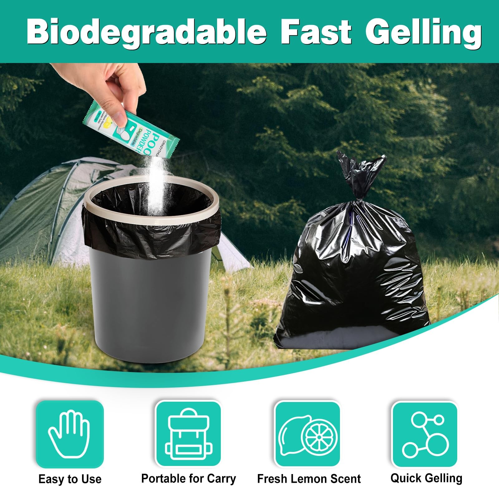 Eco-Friendly Portable Toilet Gel, 50 Lemon-Scented Packets for Camping