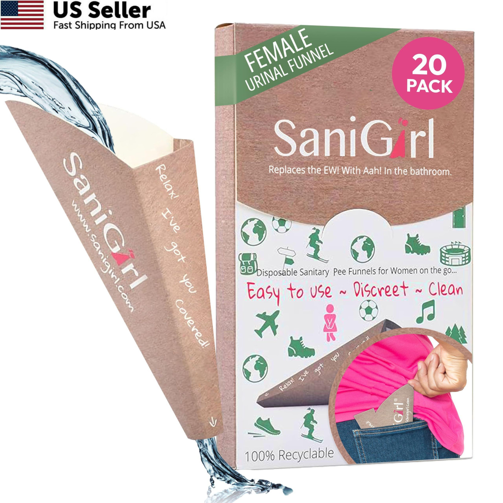 SaniGirl Pee Funnel for Women 20 Count (Pack of 1), Beige, White, Green, Pink