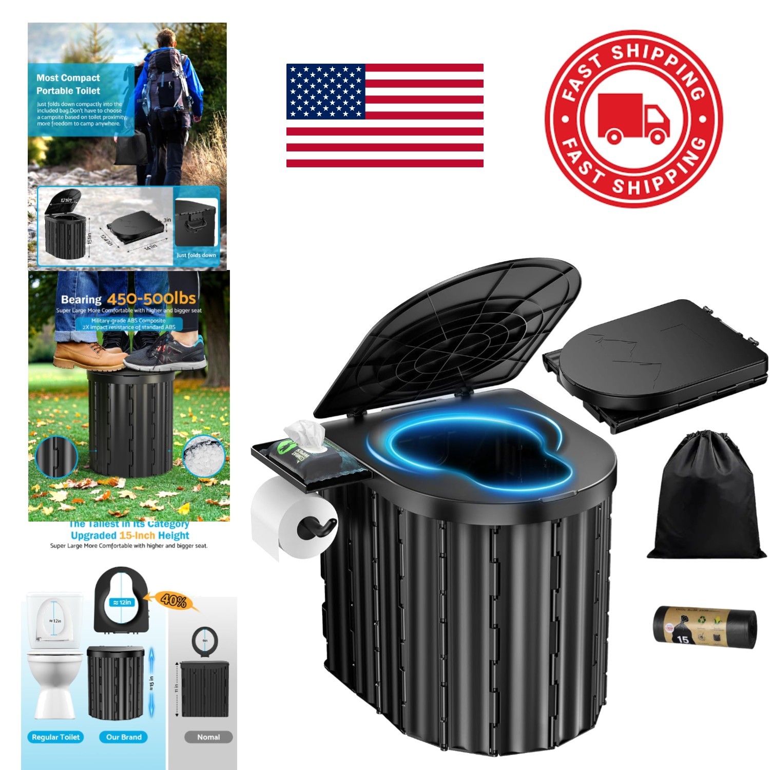 Durable Portable Toilet 15 Inch 450 Lbs with Phone Shelf and Toilet Paper Holder
