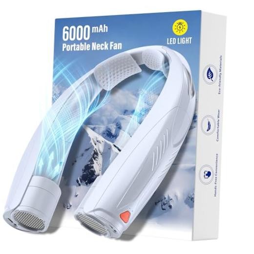 Portable Neck Fan with Reading Light, 6-Speed Wearable Fan, 6000mAh USB-C White