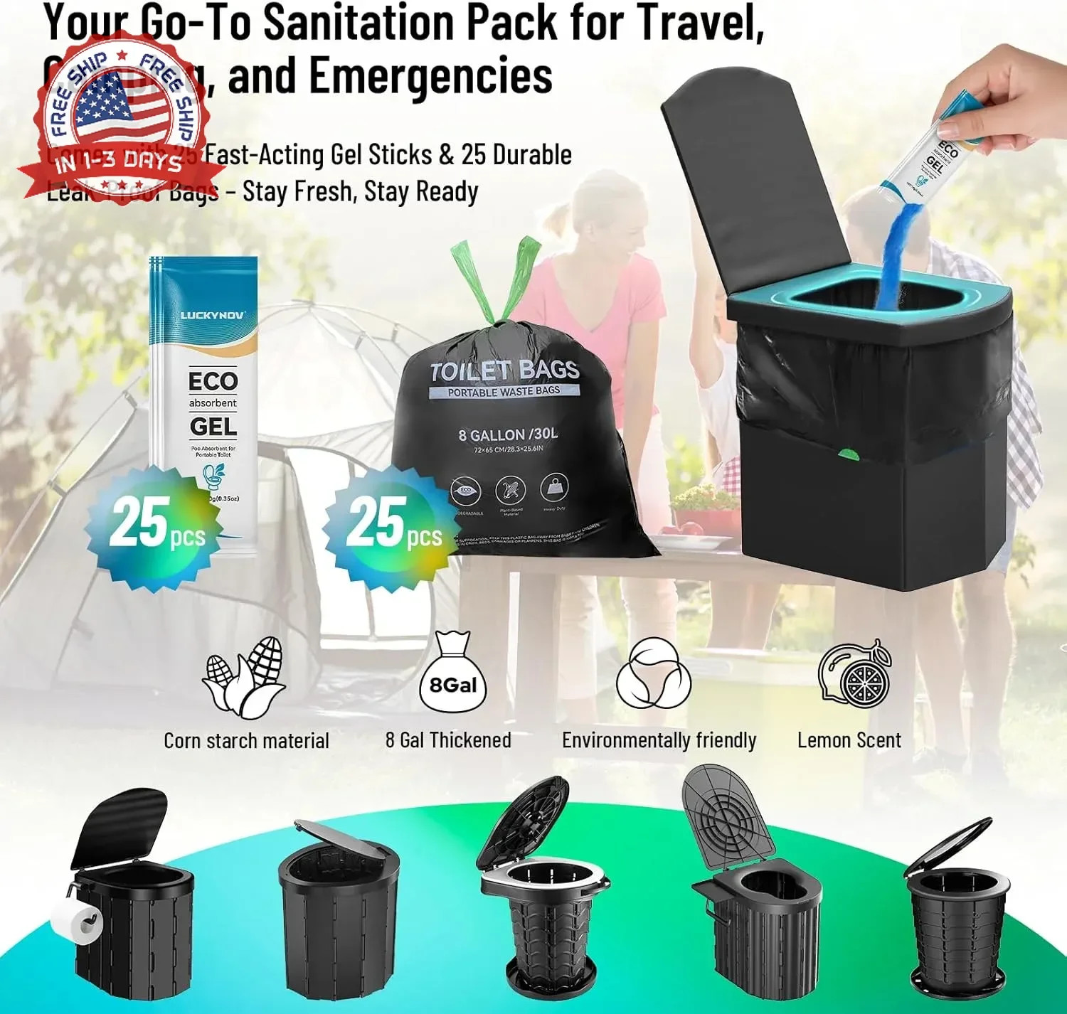 25 Portable Toilet Bags with 25 Poo Gels, 8 Gallon Leak-Proof Camping Toilet Was