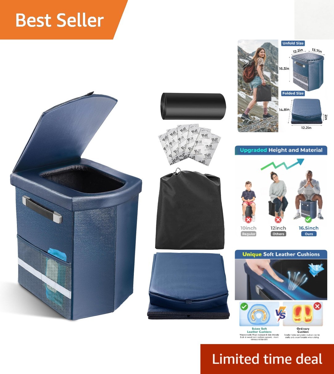 2025 Upgraded 16.5” XL Portable Toilet for Adults,Tall Camping Toilet with L…