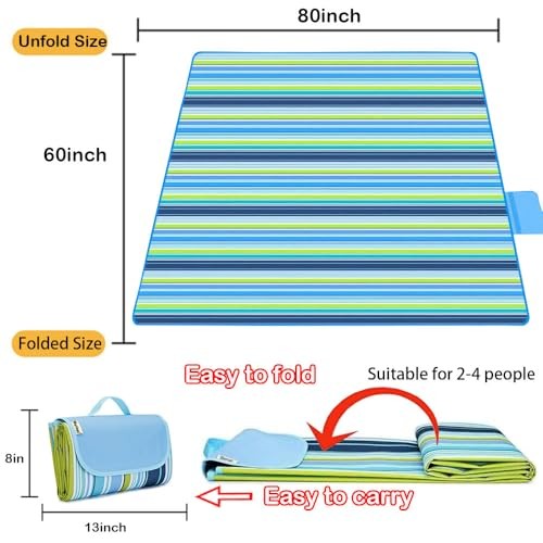 Picnic Blanket | Beach Mat| Picnic Blankets for Indoor and Outdoor, 80″ x Blue