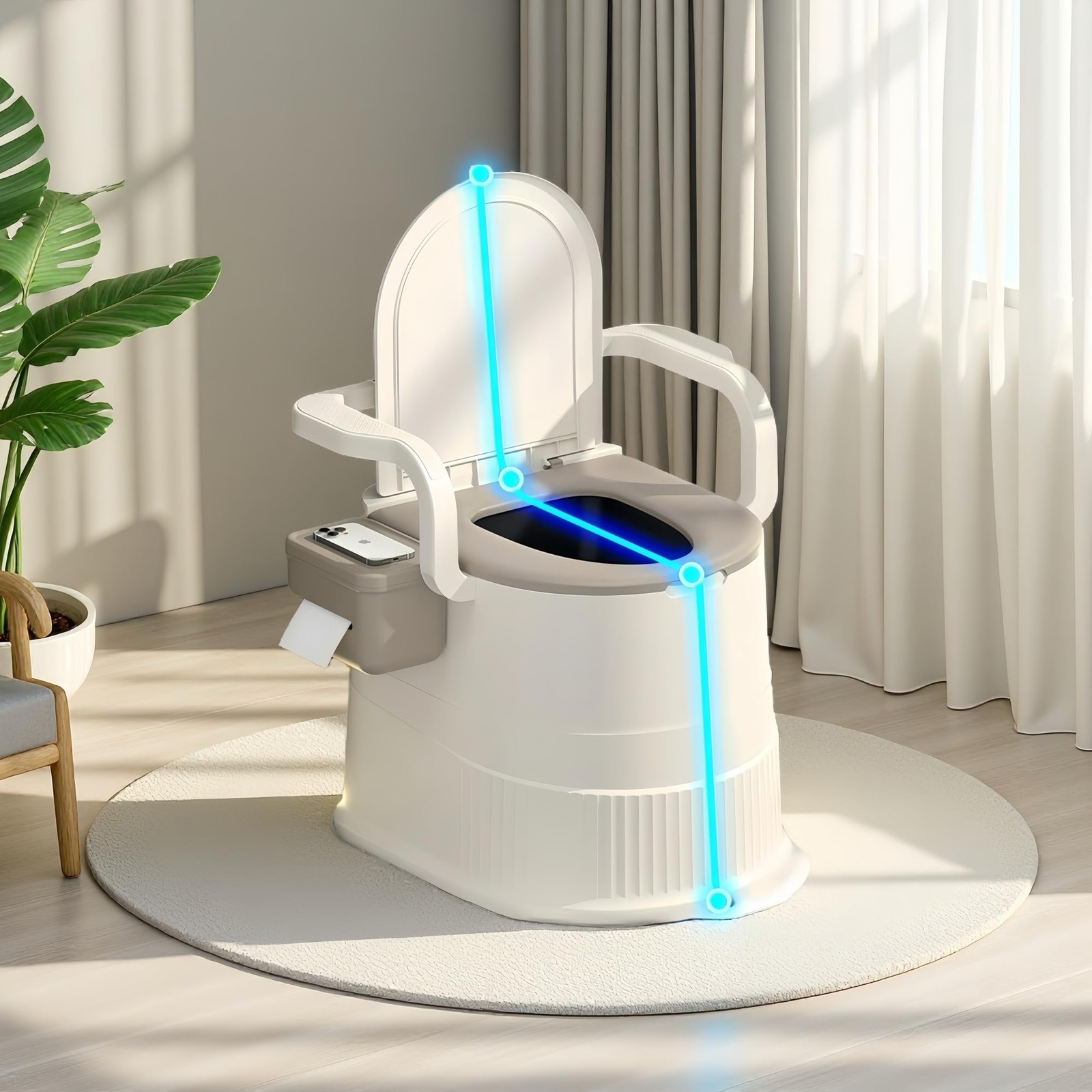 RVTENRIO Portable toilet seat with armrests, with lid, with tissue holder, wi…