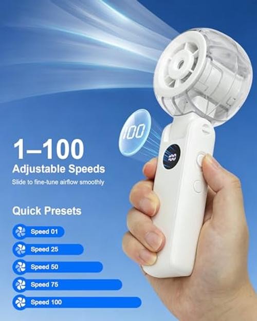 Personal Misting Fan, 1-100 Variable Speeds Portable Handheld Fan with White