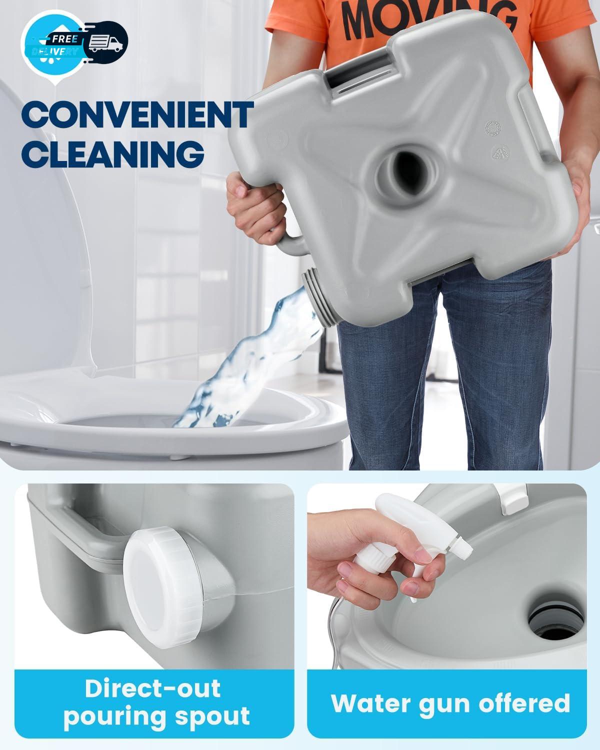 Camping Toilet Portable 5.3 Gal: 20L Porta Potty for Adults with Diagonal Elonga