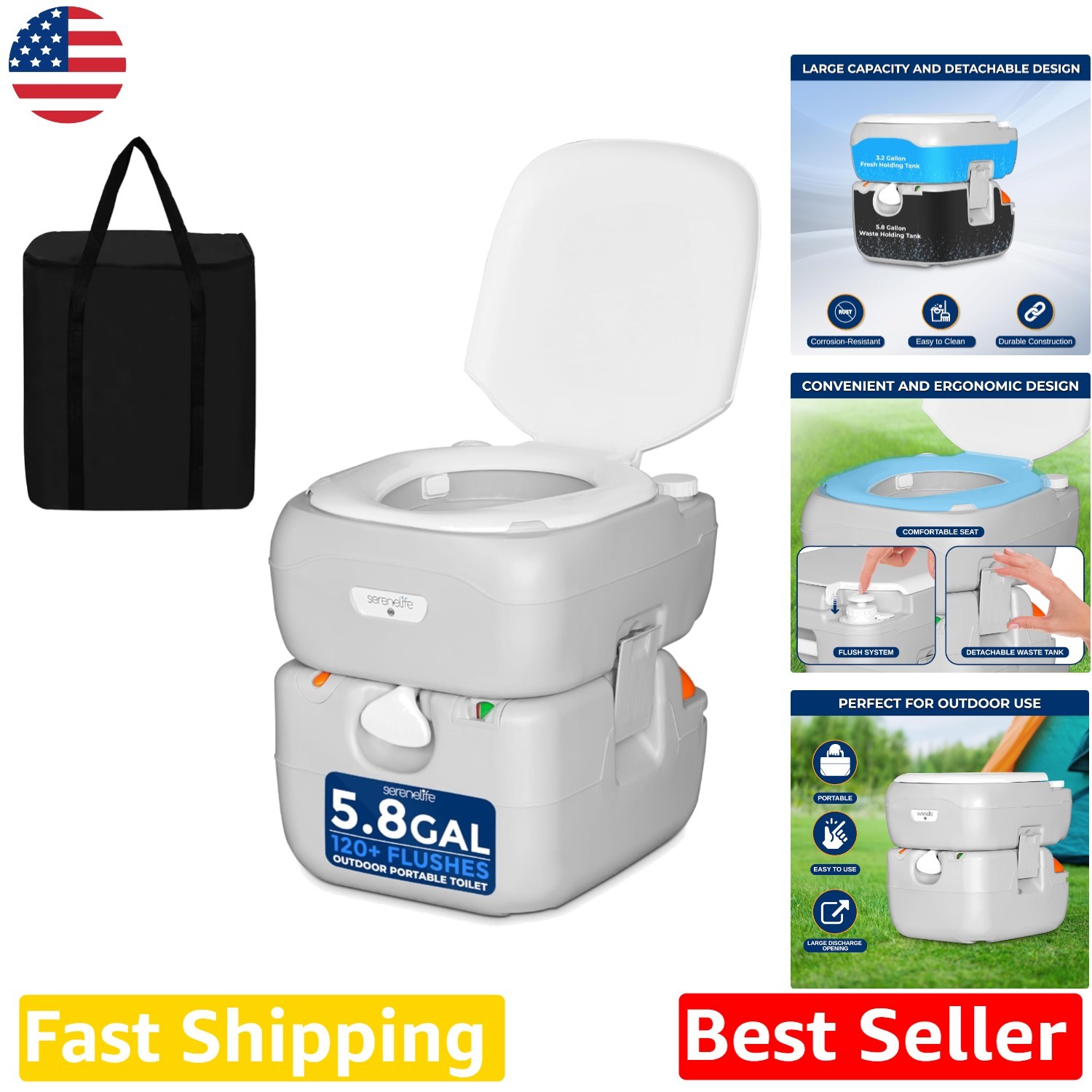 Camping Toilet 5.8 Gal Porta Potty | Detachable Tank | High-Density PE | 330 Lbs