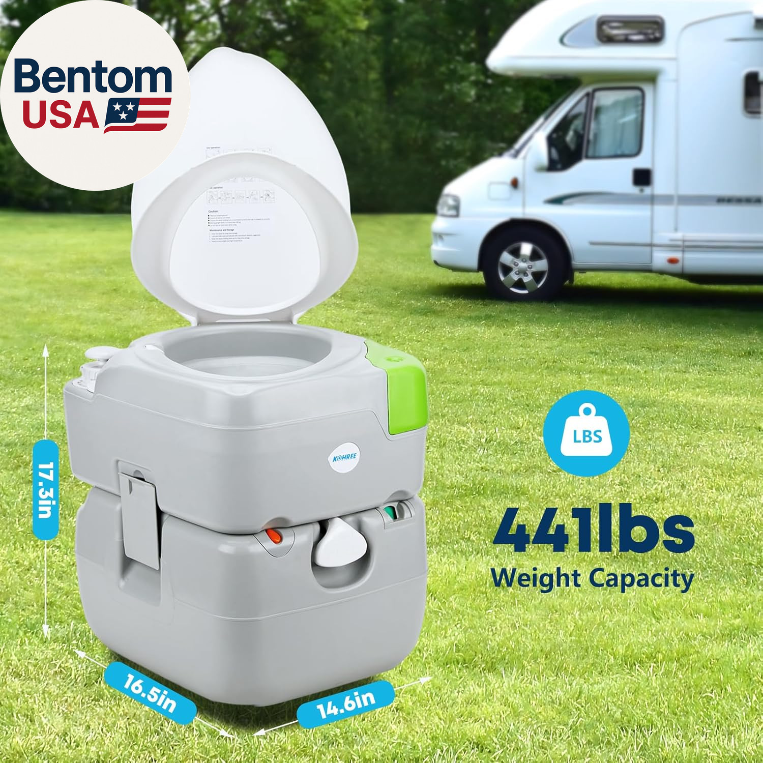5.8 Gal Camping Toilet: Portable Toilet for Adults with Diagonal Elongated Bowl