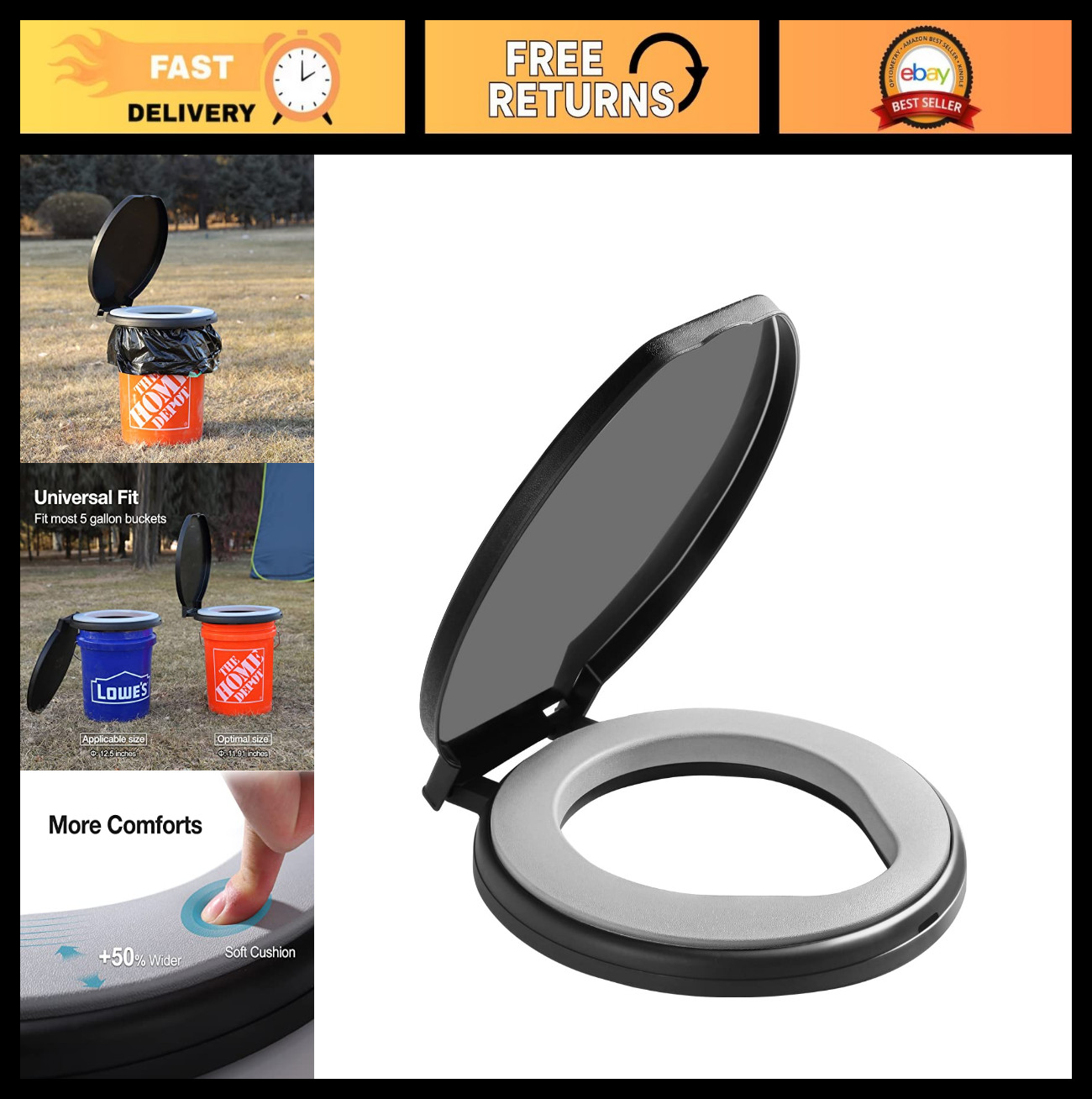 Portable Bucket Toilet Seat with Soft Cushion, 270° Rotating Lid, XL Camping Loo