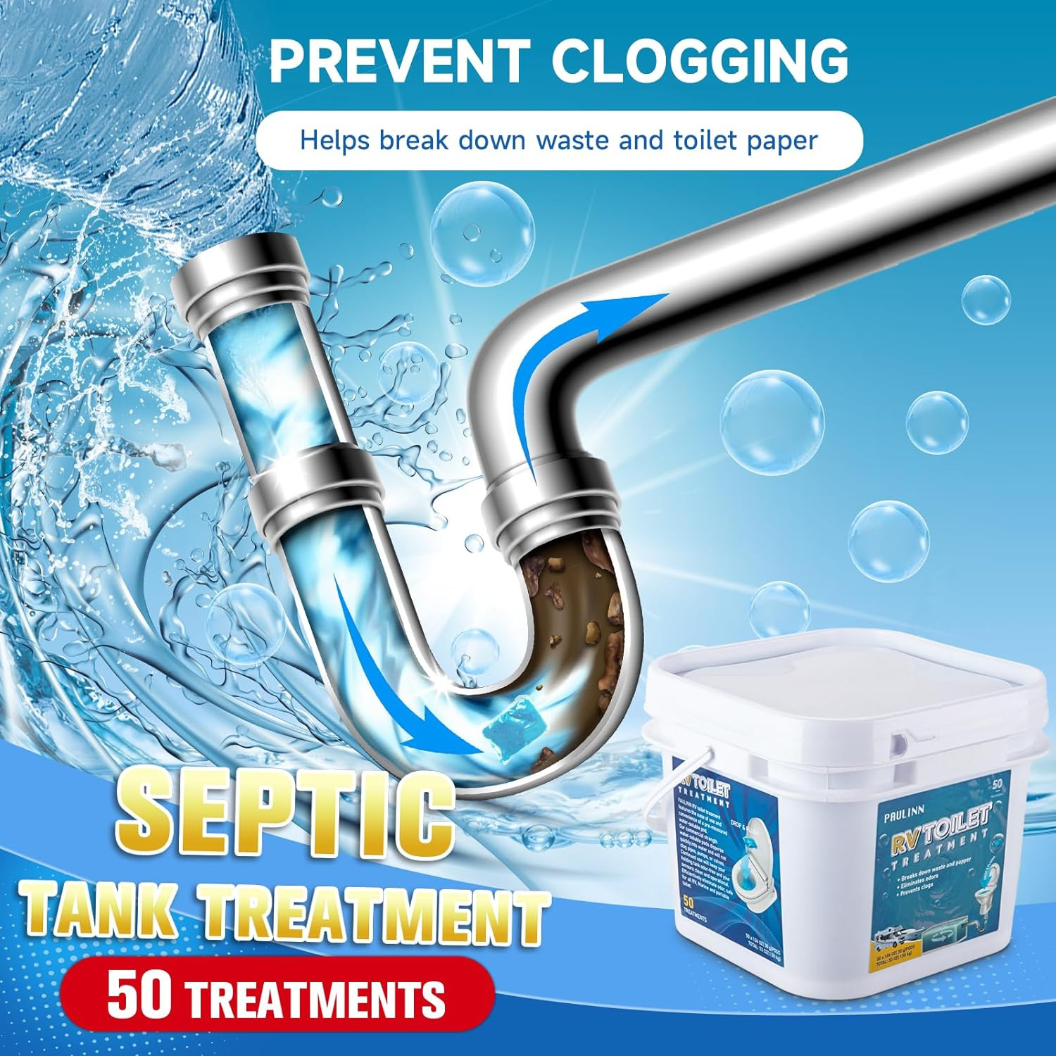 RV Toilet Treatment Drop Ins, 50 Packs Holding Tank Deodorizer for RV Black & Gr