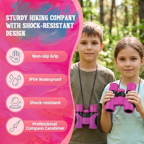 Portable 8×21 Binocular for Kids with Compass Carabiner&Magnifying Rose-Pink