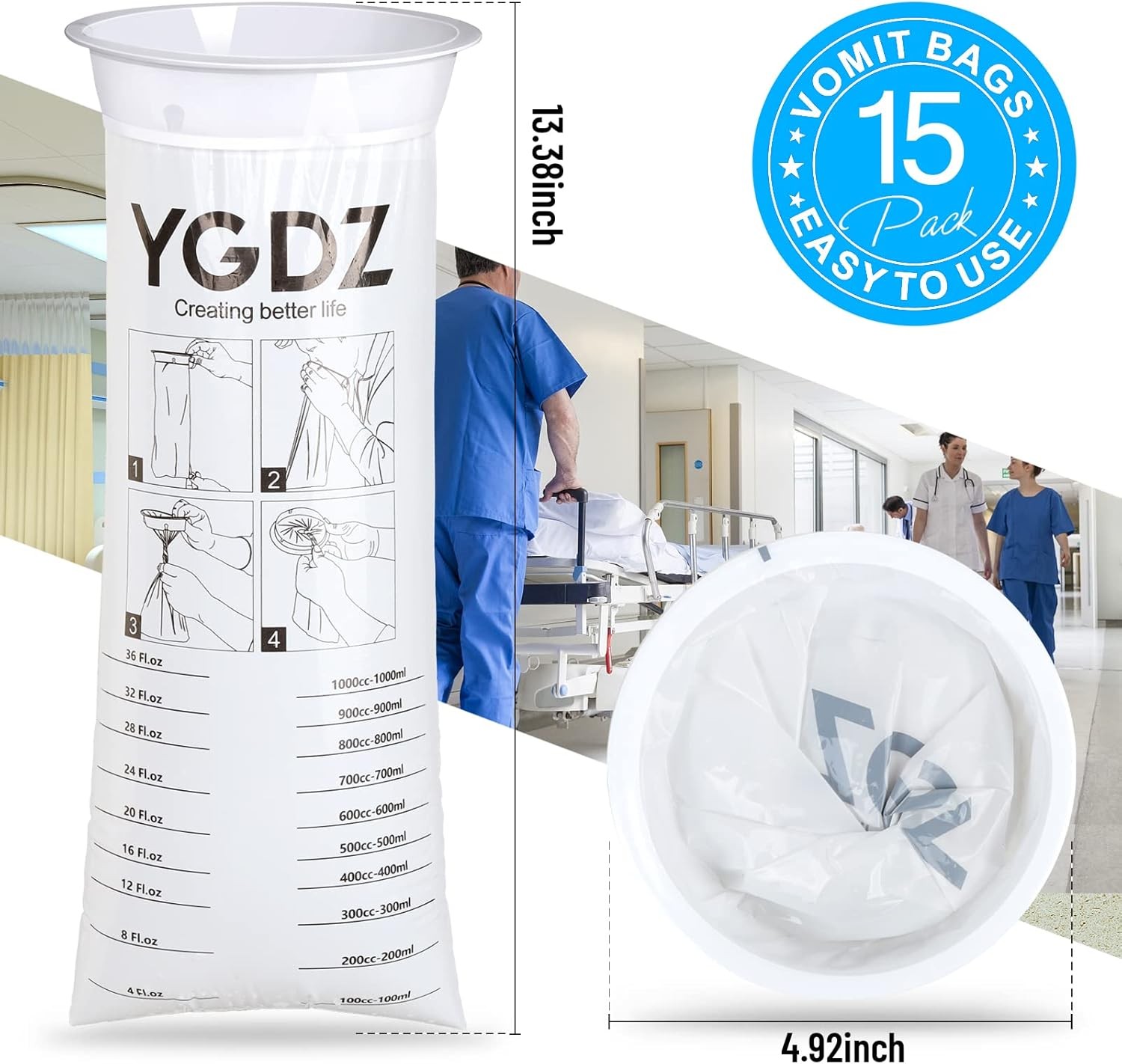 YGDZ Vomit Bags, 15 Pack Vomit Bags Disposable, 1000ml Barf Bags, Leak Resistant