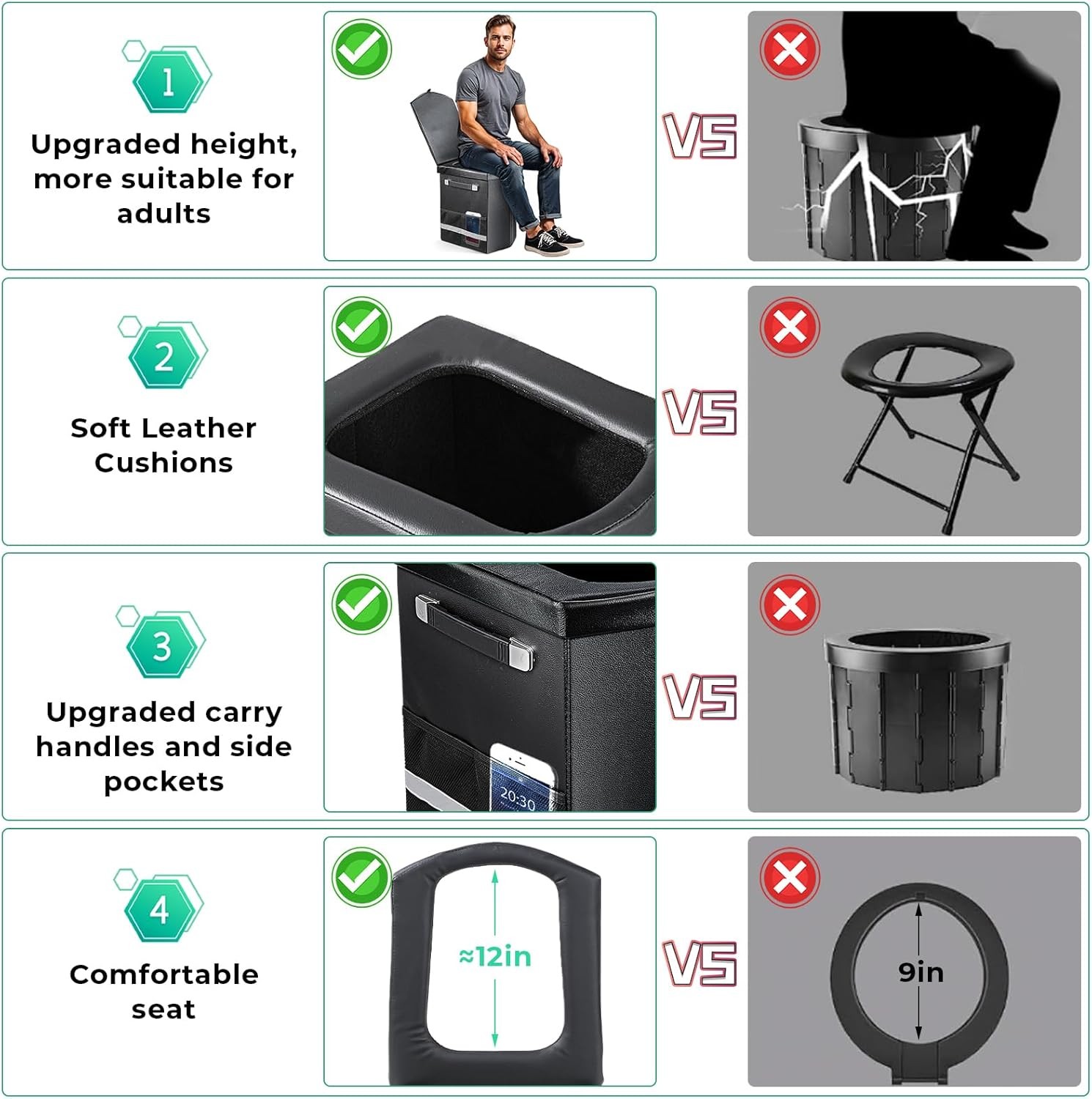 2026 Upgraded XL Portable Toilet for Adults,Tall Camping Toilet with Lid and Con