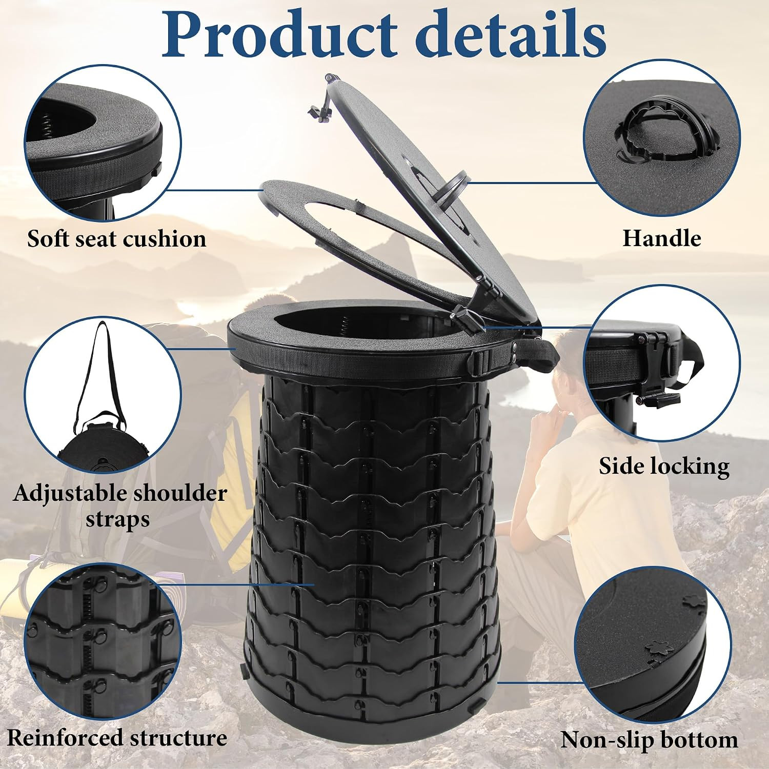 XXL Portable Toilet for Camping,19.7″ H Adjustable Folding Toilet with Lid,Carry