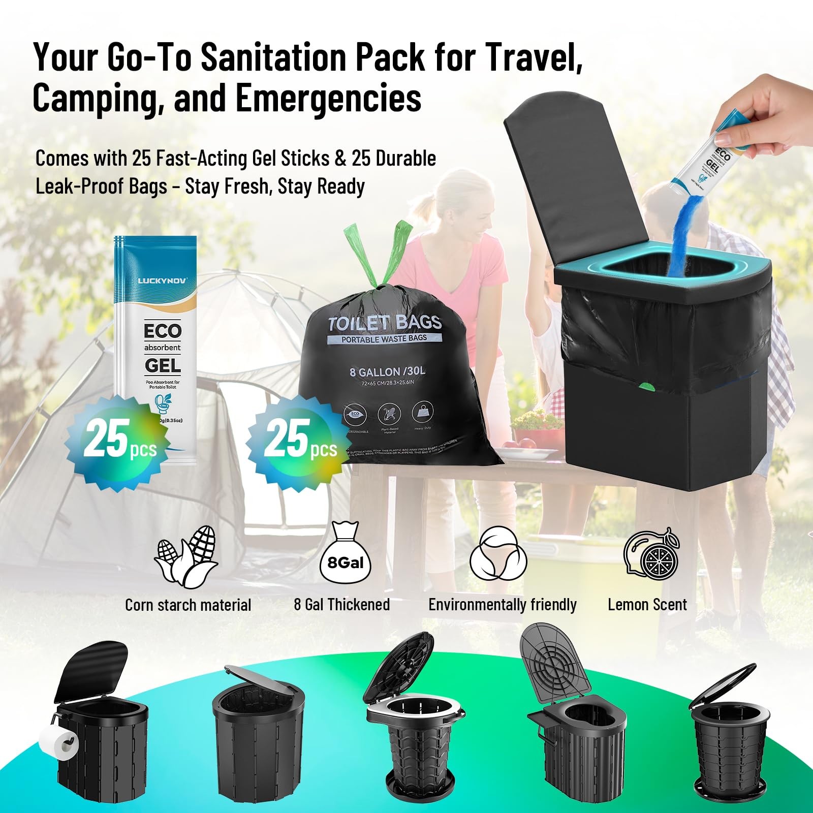 25 Portable Toilet Bags with 25 Poo Gels, 8 Gallon Leak-Proof Camping Toilet …
