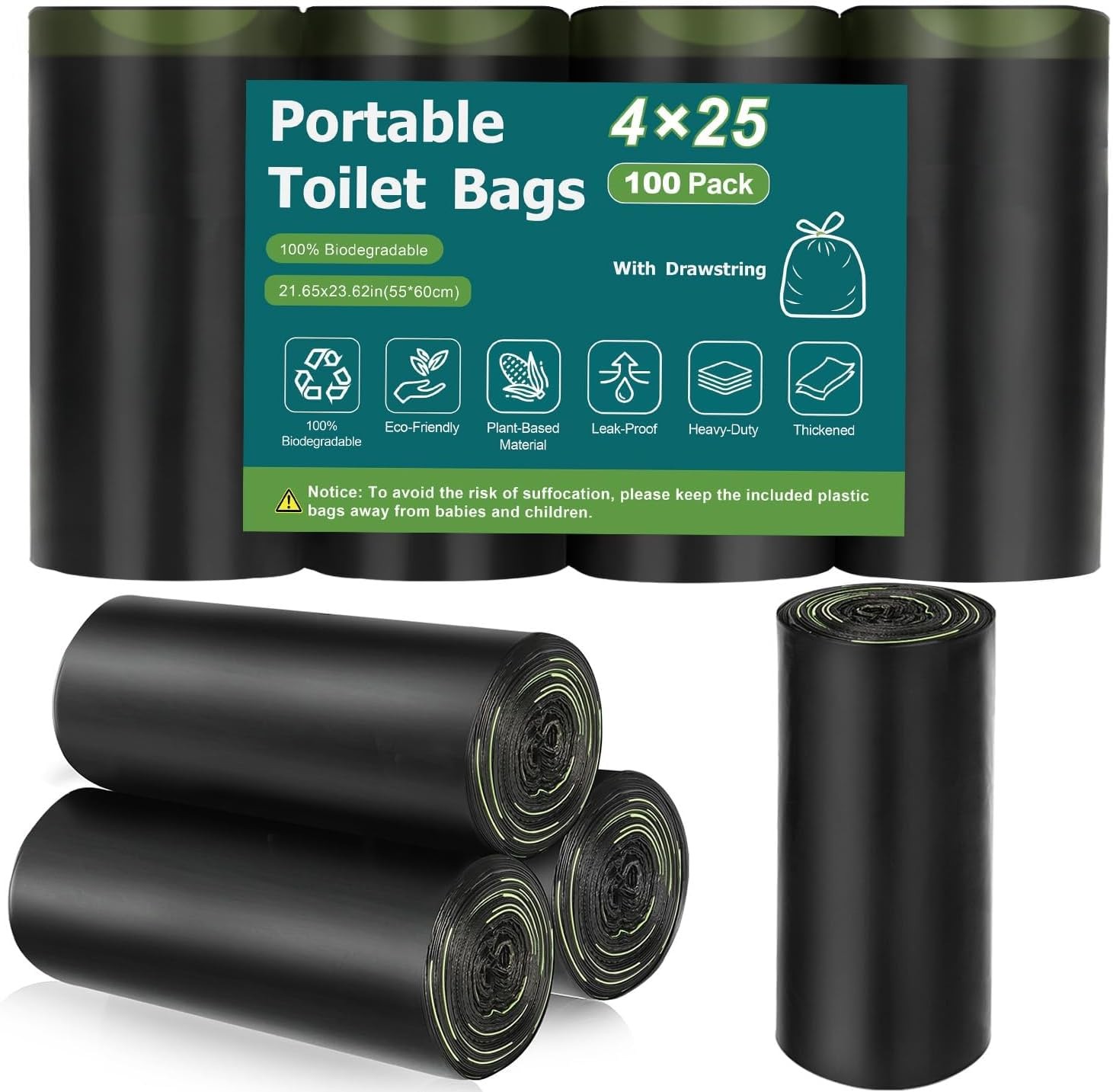 100 Portable Toilet Bags, Biodegradable with Drawstring & Lemon Scent, for 5-…