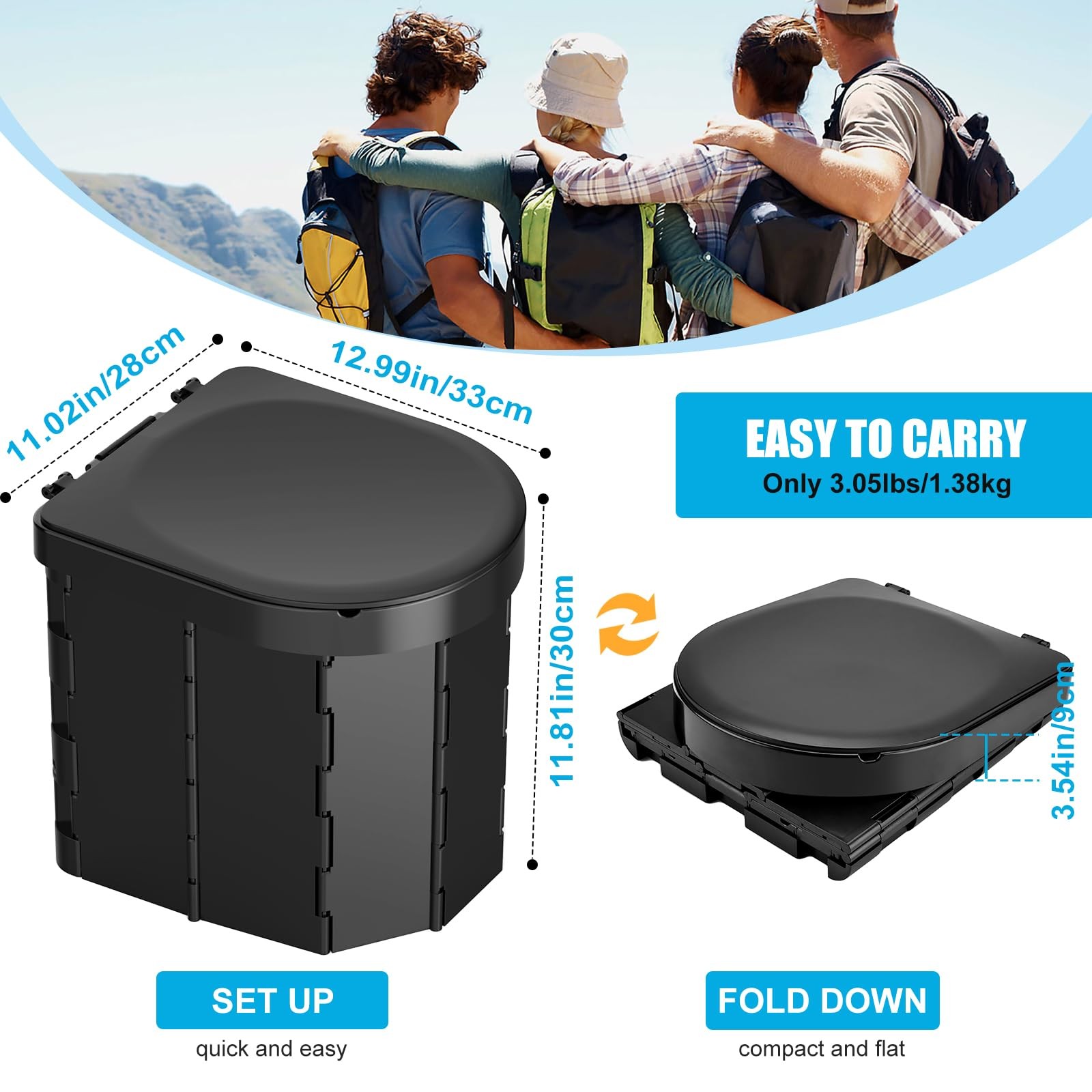 Portable Camping Toilet for Adults with Lid and Retractable Toilet Paper Holder