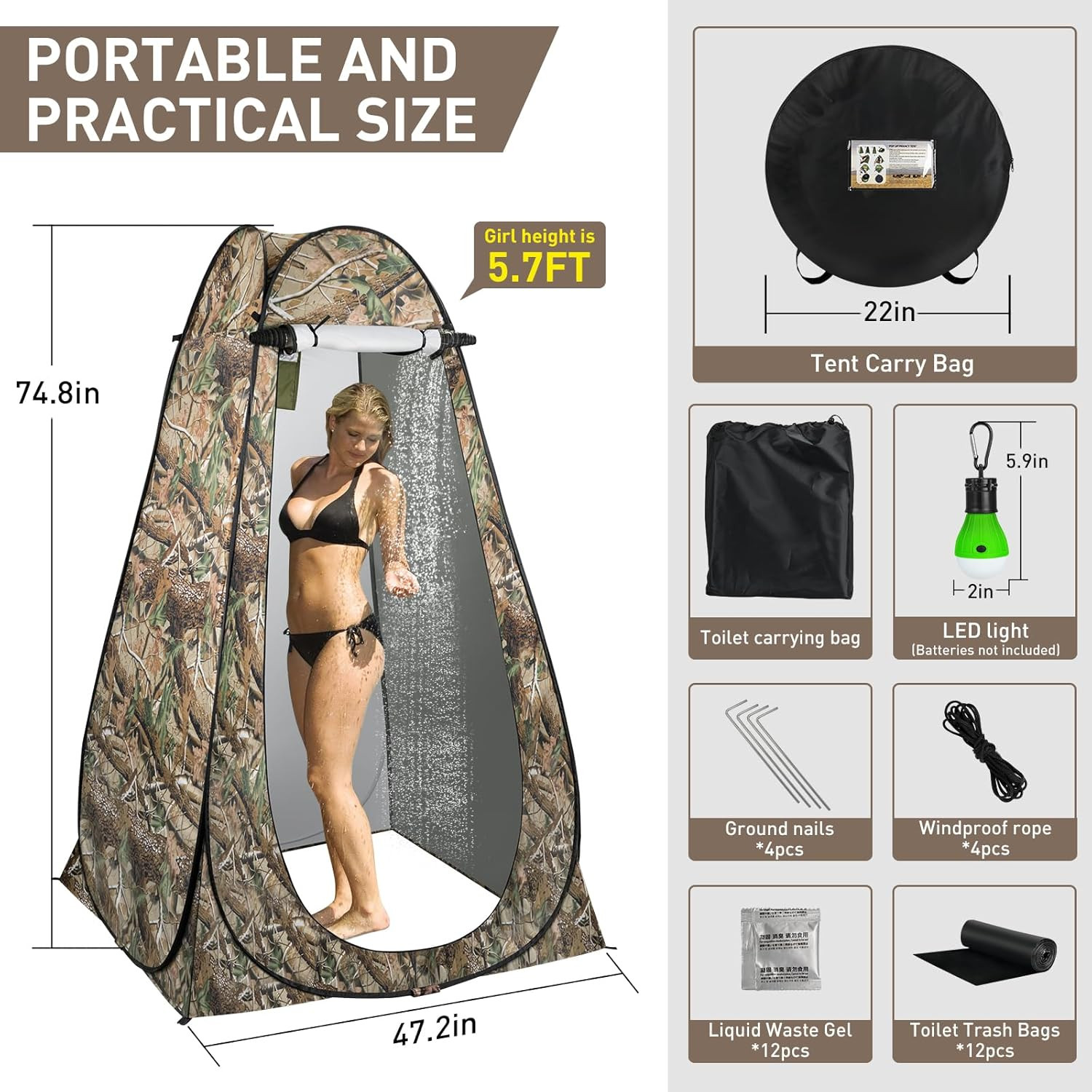 Portable Camping Toilet with Pop-Up Privacy Tent, 12-Inch Toilet Seat, Outdoor P