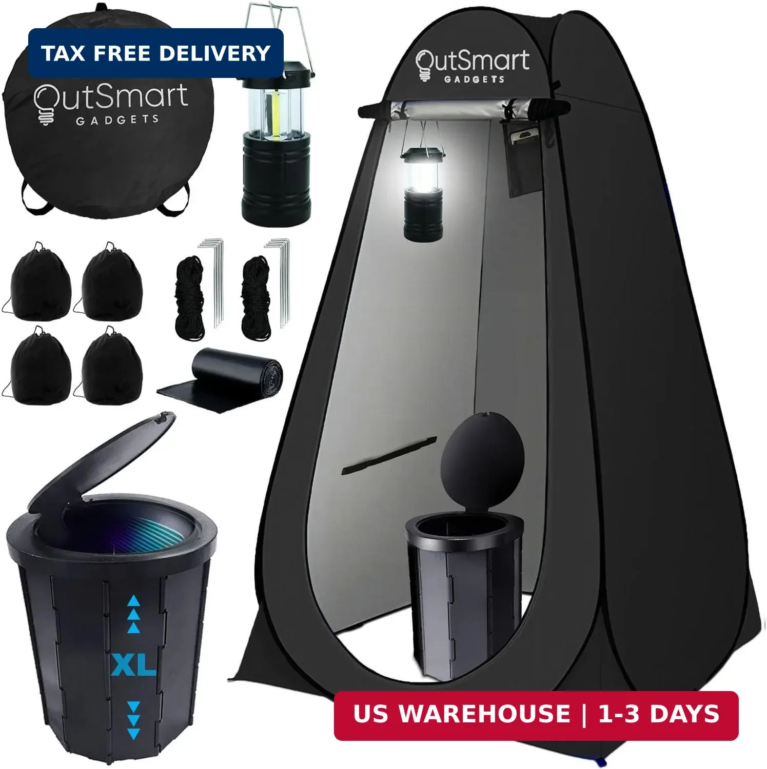 Outsmart Gadgets Outdoor Portable Toilet Set for Adults with Camping Night Lante