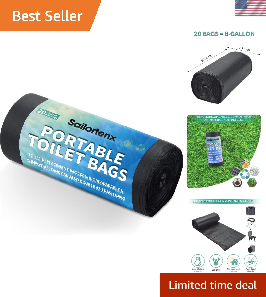 20 Disposable Leak-Proof Camping Toilet Bags – Plant-Based, Biodegradable Design