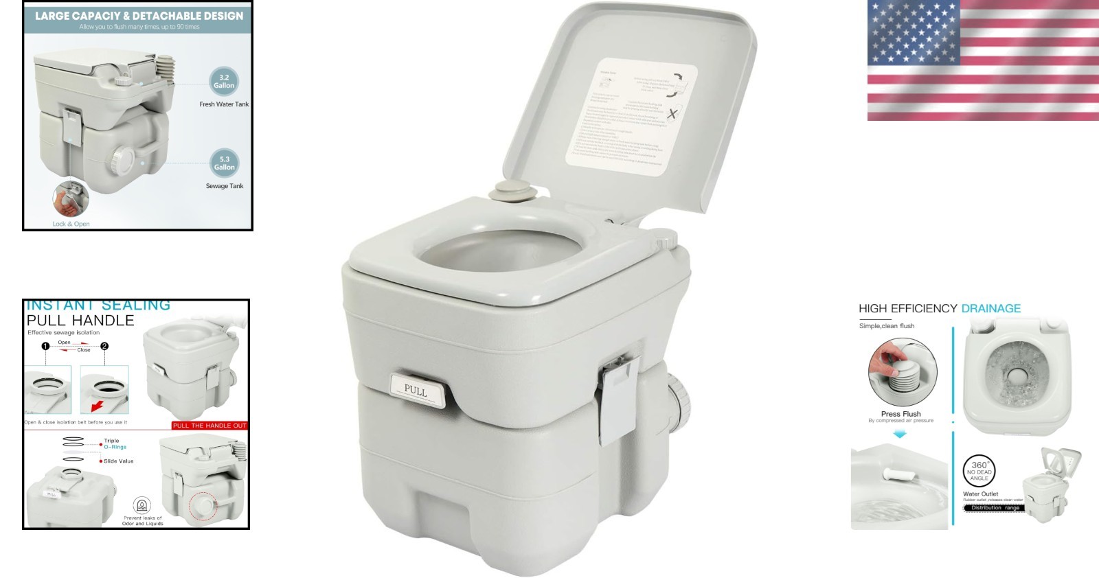 Upgraded Flush Portable Toilet – 5.3 Gallon for Home, RV, and Outdoor Use