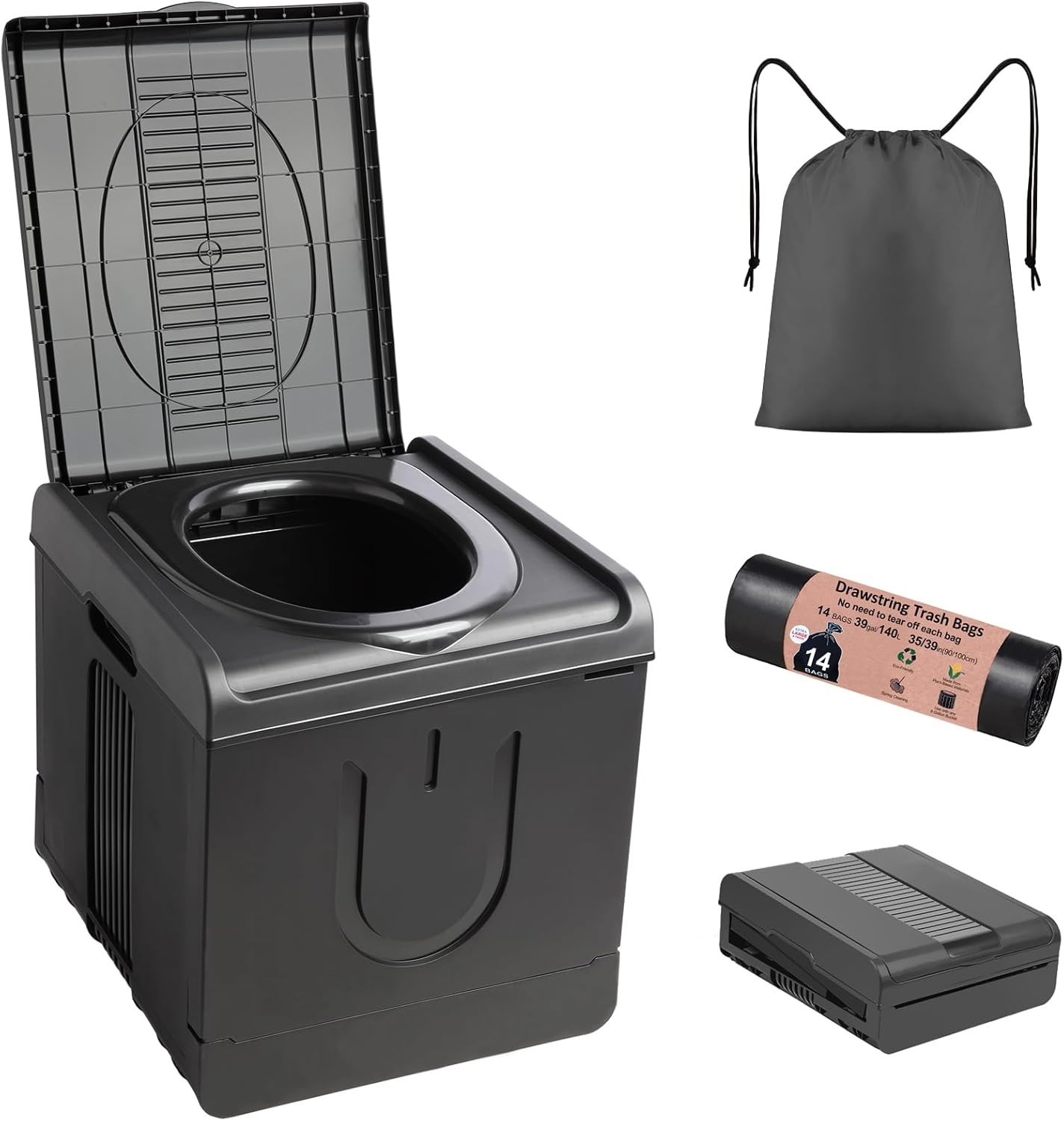XXL Black Portable Toilet for Car – Foldable Commode, 440lb Capacity, Easy Carry