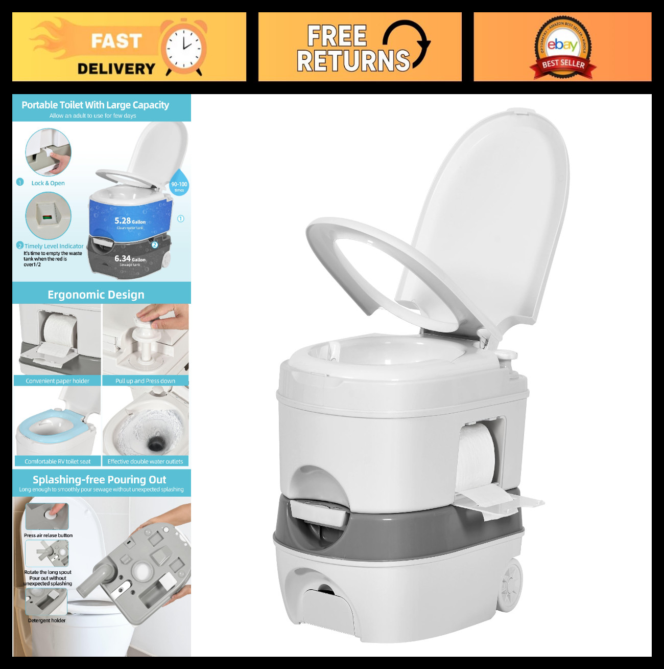 Portable 6.34 Gallon RV Toilet – Camping Porta Potty, Leak-Proof, Handle Pump, I