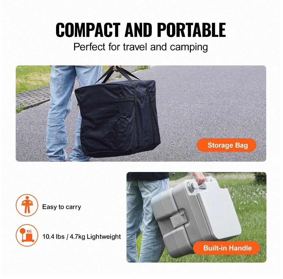 Portable Flush Camping Toilet 5.3 Gal Waste Tank 3.2 Gal Water Tank Carry Bag