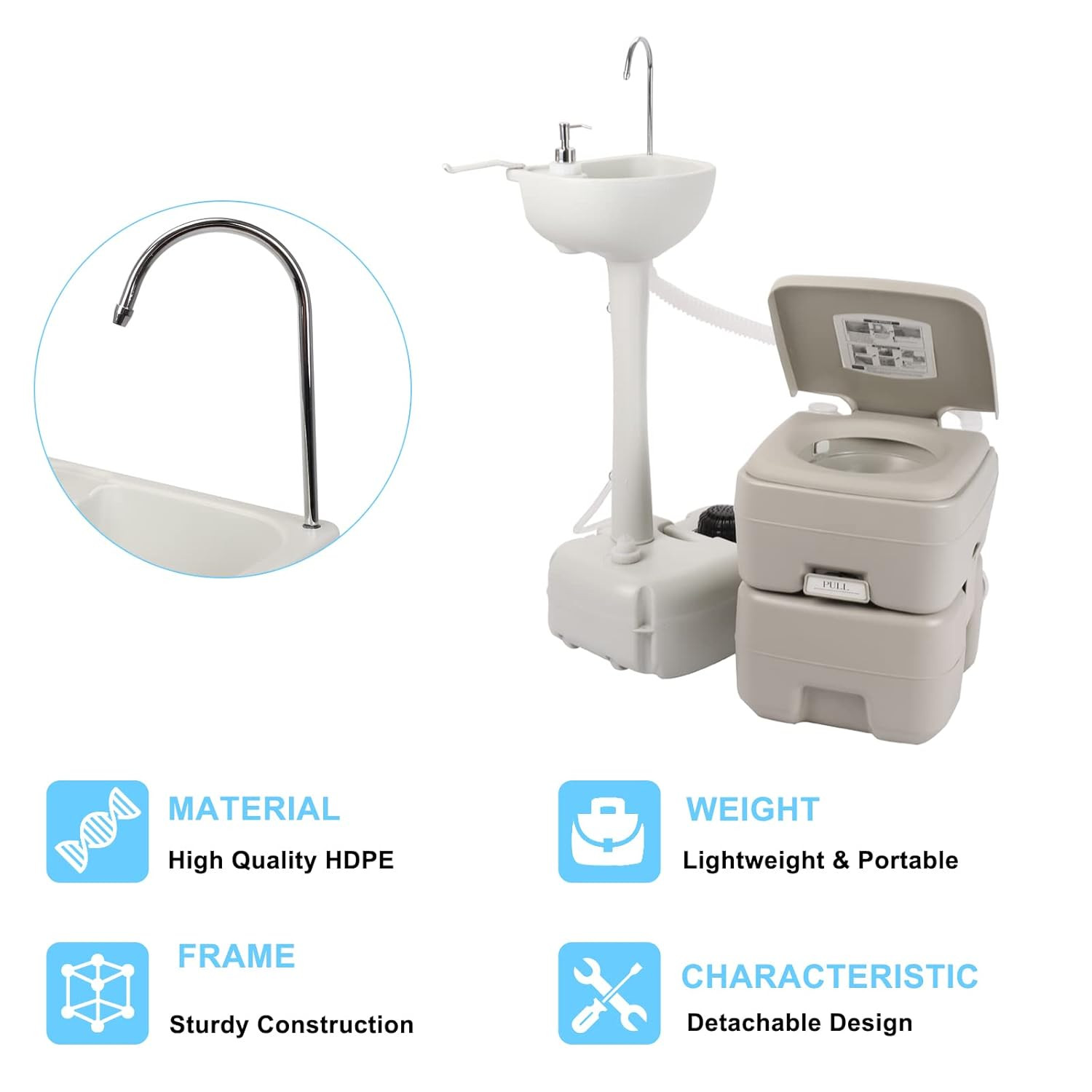 Portable Sink and Toilet Combo, 5 Gallon Hand Washing Station & 5.3 Gallon Flush