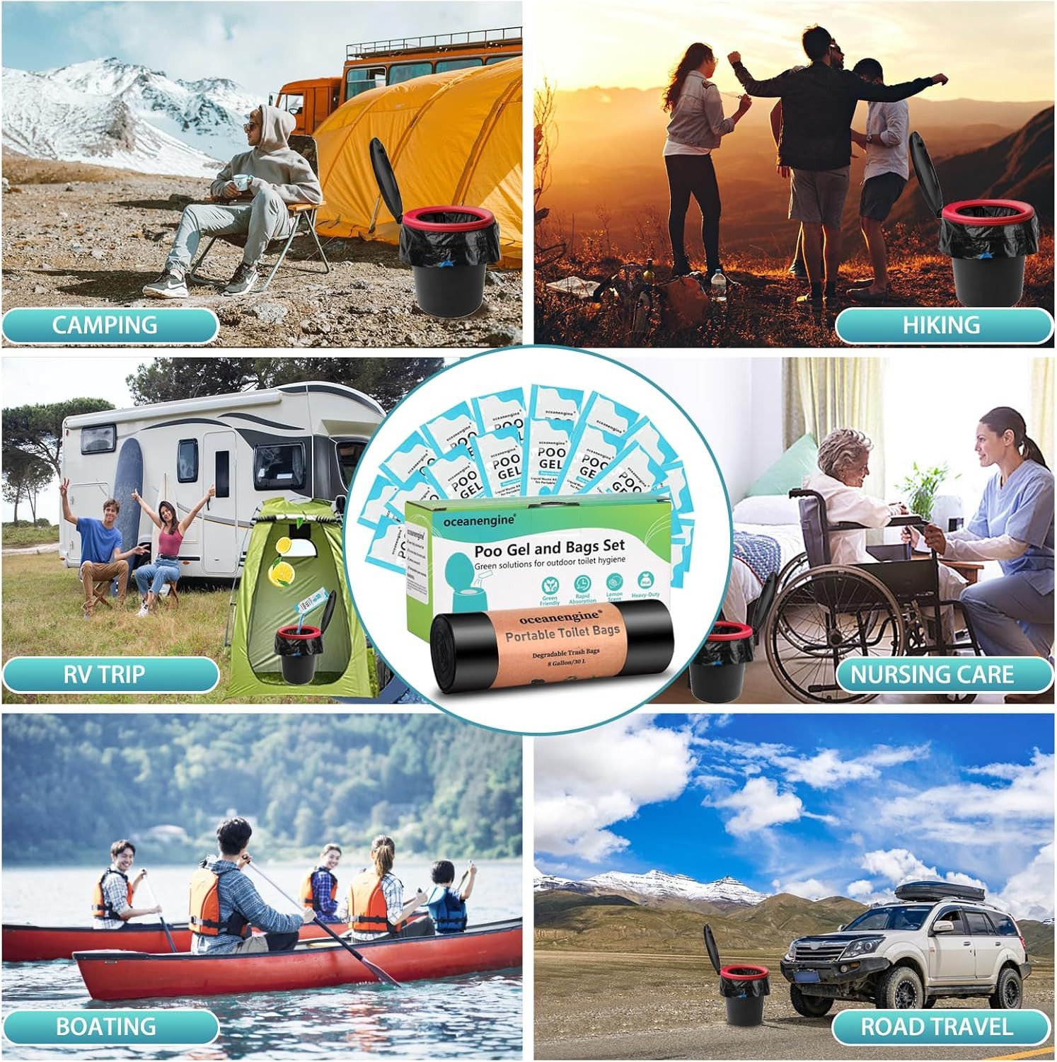 Oceanengine Portable Toilet Bags Poo Gel Set, 8 Gallon Camping Toilet Bags with
