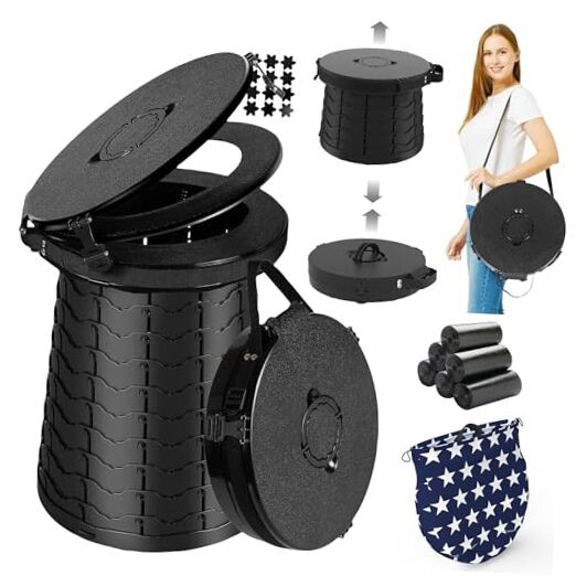 XXL Portable Toilet – 19.7″ H Taller Wider Collapsible Foldable Camping Black