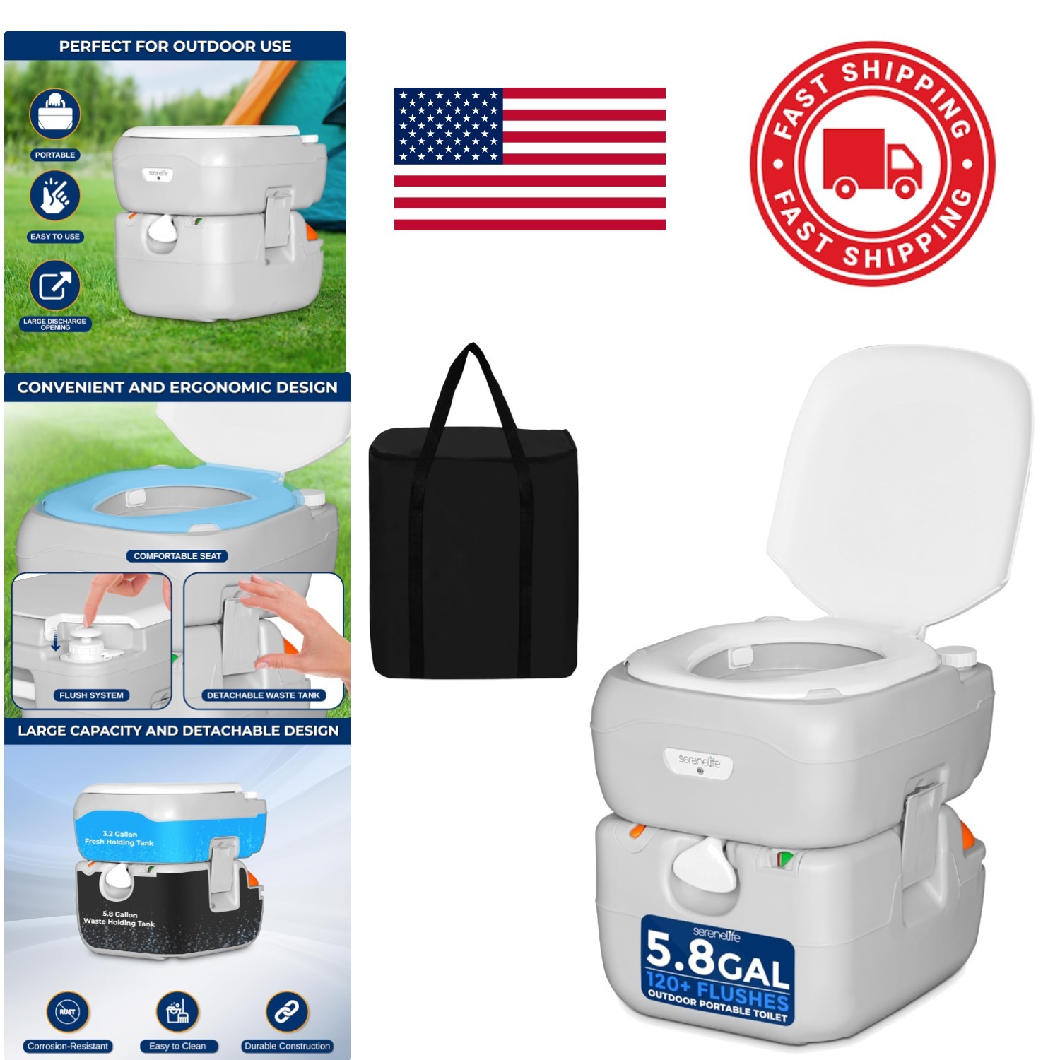 Compact Portable Toilet for Camping and Boating 5.8 Gallon with Level Indicator