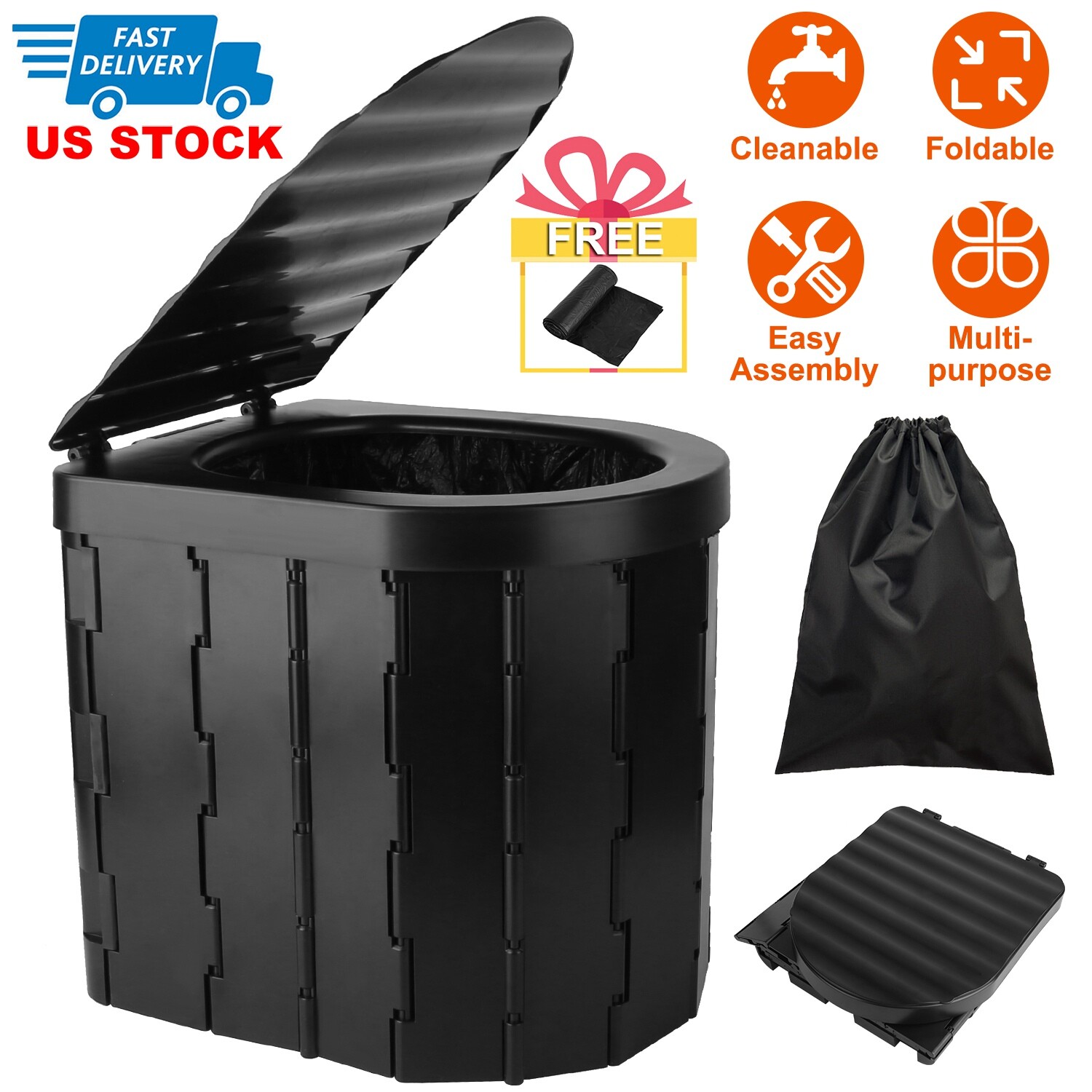 New Foldable Portable Toilet for Camping, Boating, Travel with Lid